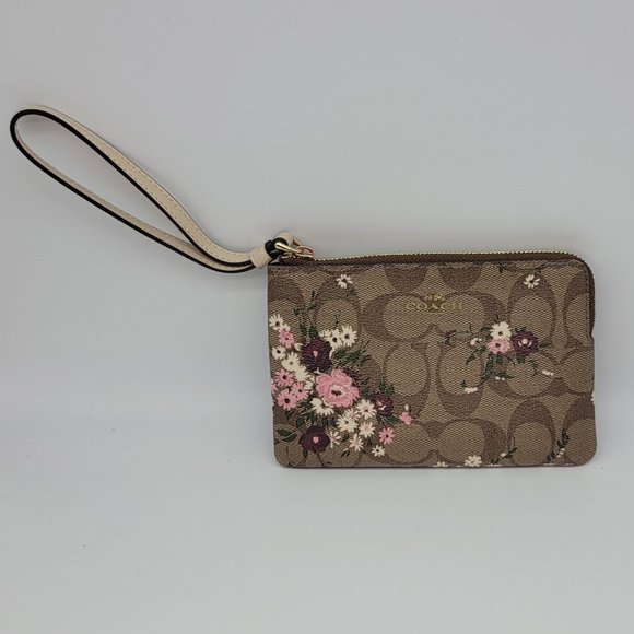 Coach Signature Evergreen Floral Corner Zip Wristlet 6860 Khaki Multi - Picture 1 of 5